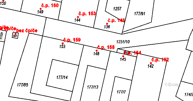 Tvořihráz 158 na parcele st. 148 v KÚ Tvořihráz, Katastrální mapa