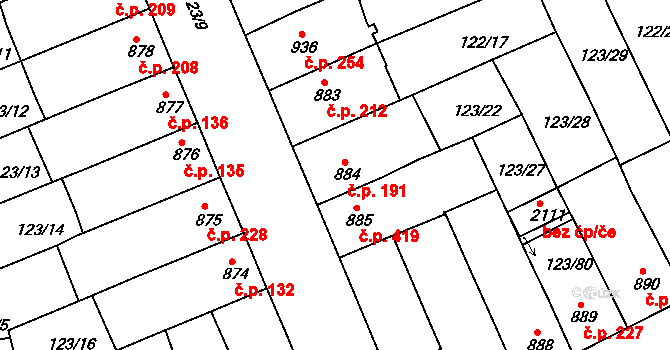 Telč-Štěpnice 191, Telč na parcele st. 884 v KÚ Telč, Katastrální mapa