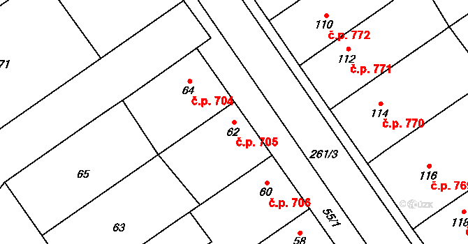 Březce 705, Štěpánov na parcele st. 62 v KÚ Březce, Katastrální mapa