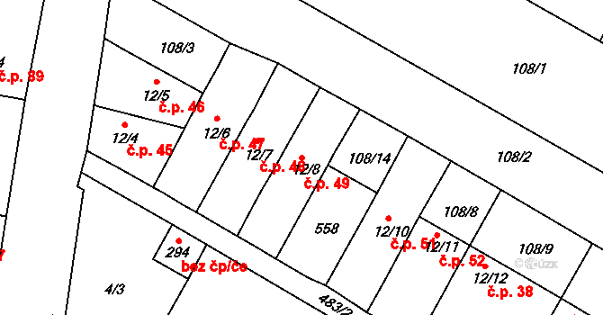Brňany 49 na parcele st. 12/8 v KÚ Brňany, Katastrální mapa