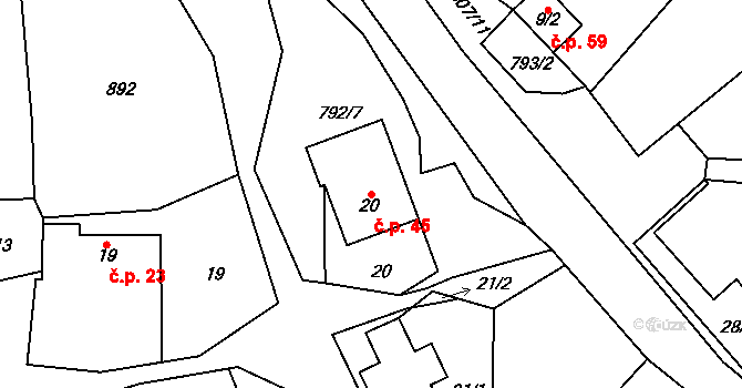 Hřmenín 45, Markvartice na parcele st. 20 v KÚ Hřmenín, Katastrální mapa