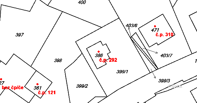 Chuchelna 292 na parcele st. 386 v KÚ Chuchelna, Katastrální mapa