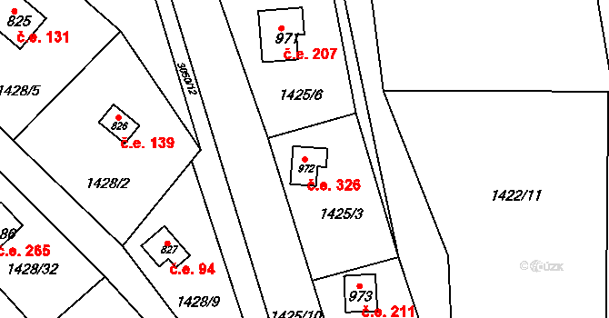 Prostřední Bečva 326 na parcele st. 972 v KÚ Prostřední Bečva, Katastrální mapa