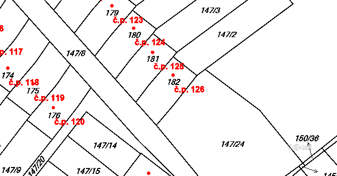 Morašice 126 na parcele st. 182 v KÚ Morašice u Litomyšle, Katastrální mapa