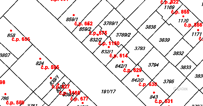Břeclav 614 na parcele st. 832/1 v KÚ Břeclav, Katastrální mapa