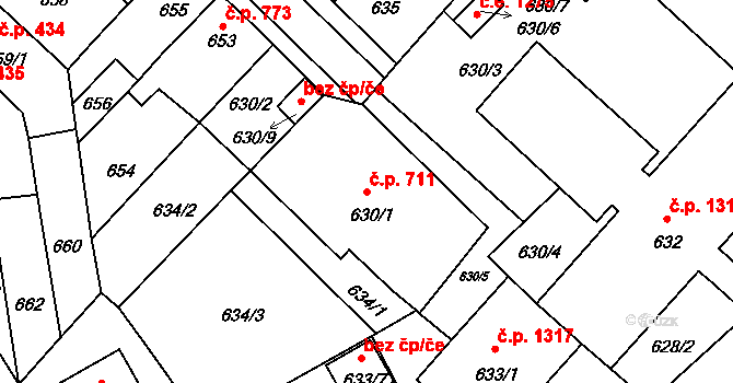 Pelhřimov 711 na parcele st. 630/1 v KÚ Pelhřimov, Katastrální mapa