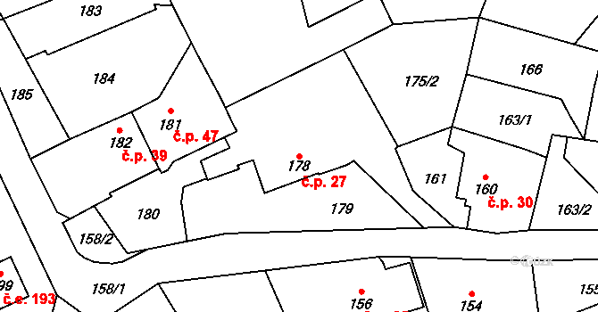Točná 27, Praha na parcele st. 178 v KÚ Točná, Katastrální mapa