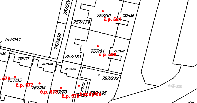 Letňany 580, Praha na parcele st. 757/31 v KÚ Letňany, Katastrální mapa