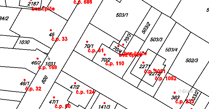 Sezimovo Ústí 110 na parcele st. 70/2 v KÚ Sezimovo Ústí, Katastrální mapa