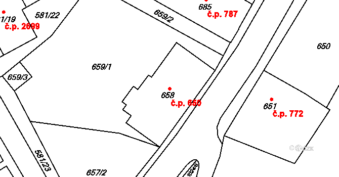 Předměstí 650, Opava na parcele st. 658 v KÚ Opava-Předměstí, Katastrální mapa