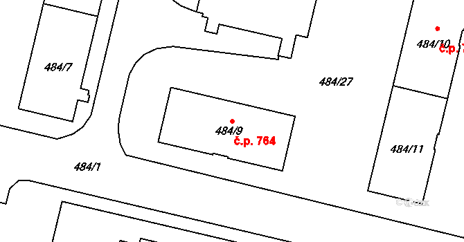 Lobzy 764, Plzeň na parcele st. 484/9 v KÚ Lobzy, Katastrální mapa