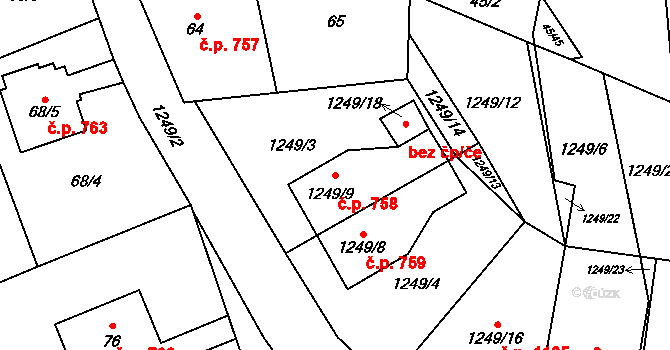 Prostřední Suchá 758, Havířov na parcele st. 1249/9 v KÚ Prostřední Suchá, Katastrální mapa