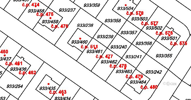 Satalice 477, Praha na parcele st. 933/461 v KÚ Satalice, Katastrální mapa