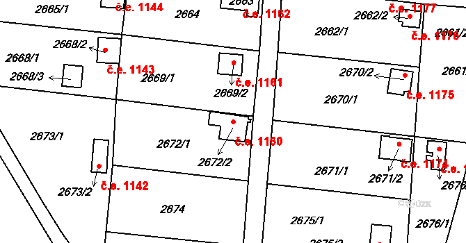 Bystřice nad Pernštejnem 1160 na parcele st. 2672/2 v KÚ Bystřice nad Pernštejnem, Katastrální mapa