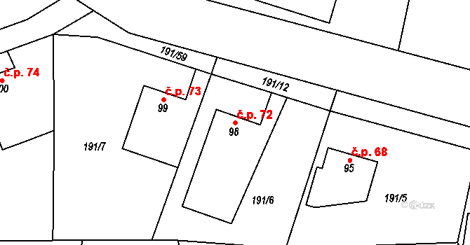 Černý Vůl 72, Statenice na parcele st. 98 v KÚ Statenice, Katastrální mapa
