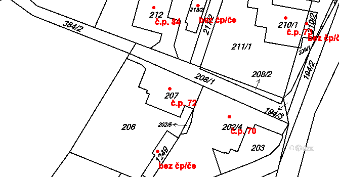 Křídla 72 na parcele st. 207 v KÚ Křídla, Katastrální mapa