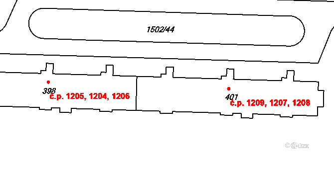 Kvítkovice 1207,1208,1209, Otrokovice na parcele st. 401 v KÚ Kvítkovice u Otrokovic, Katastrální mapa