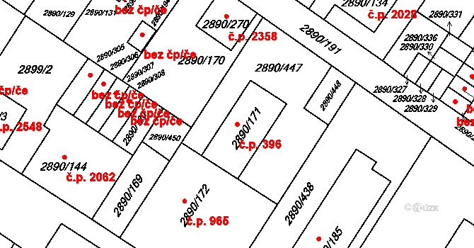 Předměstí 396, Opava na parcele st. 2890/171 v KÚ Opava-Předměstí, Katastrální mapa