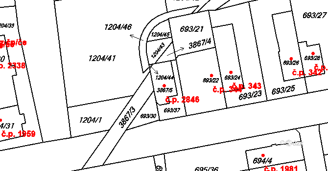 Horní Počernice 2846, Praha na parcele st. 3867/5 v KÚ Horní Počernice, Katastrální mapa