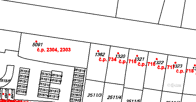 Zelené Předměstí 734, Pardubice na parcele st. 1362 v KÚ Pardubice, Katastrální mapa