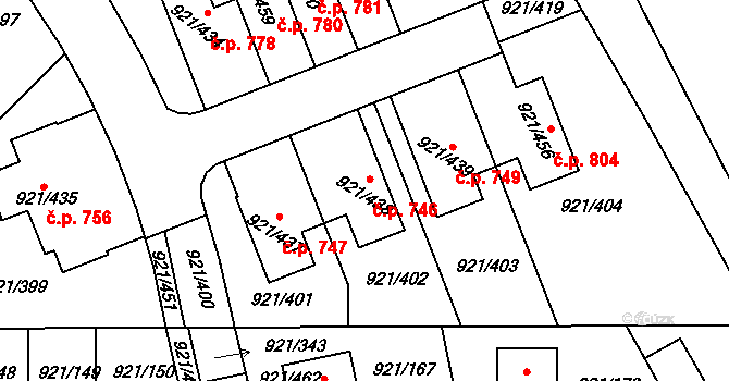 Hostavice 746, Praha na parcele st. 921/438 v KÚ Hostavice, Katastrální mapa
