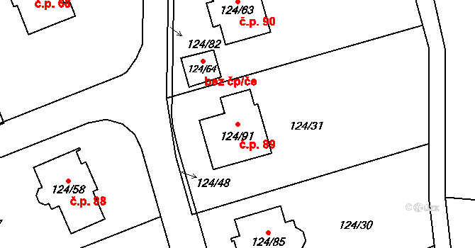 Stradov 89, Chlumec na parcele st. 124/91 v KÚ Stradov u Chabařovic, Katastrální mapa