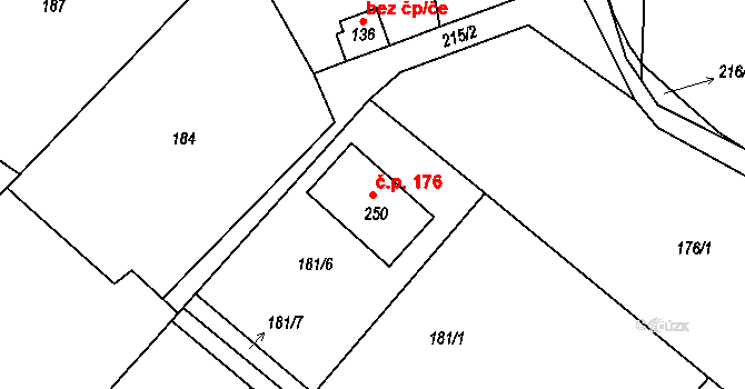 Hoření Vinice 176, Kly na parcele st. 250 v KÚ Záboří u Kel, Katastrální mapa