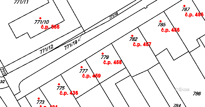 Hrušky 458 na parcele st. 779 v KÚ Hrušky, Katastrální mapa