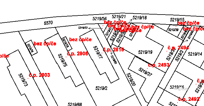 Východní Předměstí 2816, Plzeň na parcele st. 5219/77 v KÚ Plzeň, Katastrální mapa
