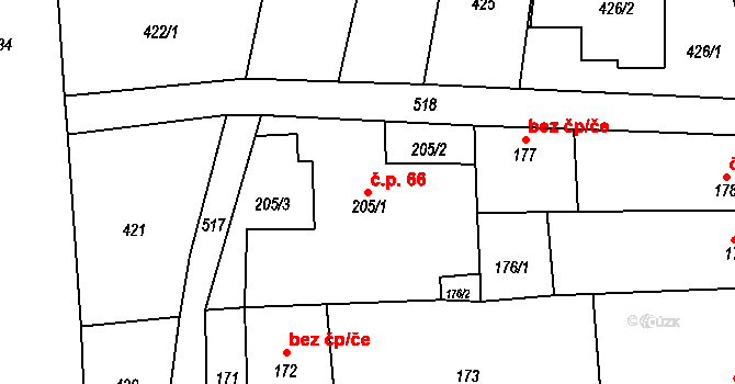 Skalka 66 na parcele st. 205/1 v KÚ Skalka u Prostějova, Katastrální mapa