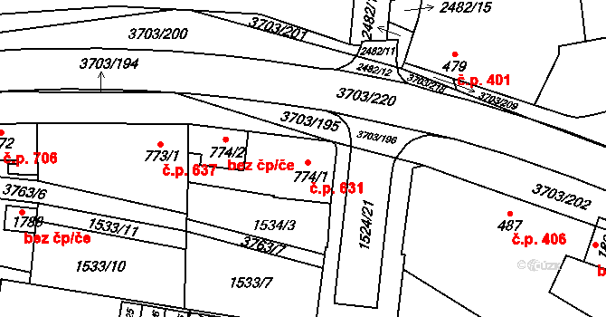 Dobřany 631 na parcele st. 774/1 v KÚ Dobřany, Katastrální mapa