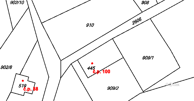 Valkeřice 100 na parcele st. 445 v KÚ Valkeřice, Katastrální mapa