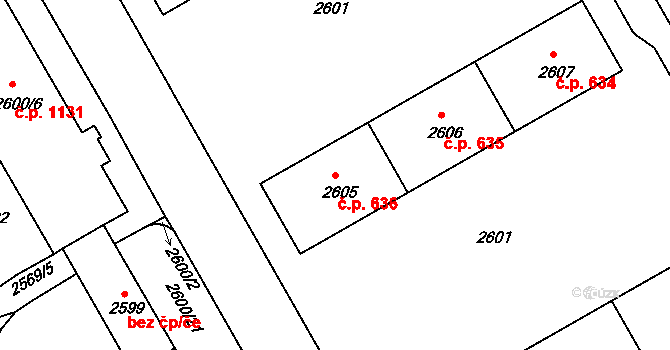 Lyžbice 636, Třinec na parcele st. 2605 v KÚ Lyžbice, Katastrální mapa