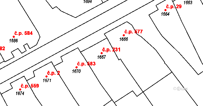 Dolní Bojanovice 231 na parcele st. 1667 v KÚ Dolní Bojanovice, Katastrální mapa
