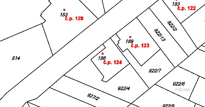 Milotice nad Opavou 124 na parcele st. 186 v KÚ Jelení u Bruntálu, Katastrální mapa