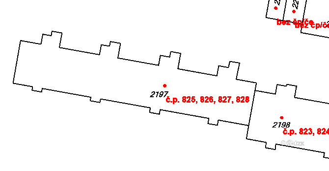 Kladno 825,826,827,828 na parcele st. 2197 v KÚ Kladno, Katastrální mapa