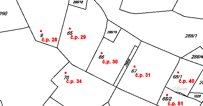 Doubravčice 30 na parcele st. 66 v KÚ Doubravčice, Katastrální mapa