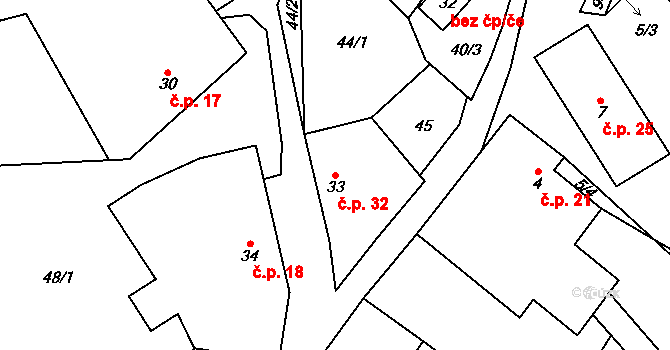 Lhota u Lysic 32 na parcele st. 33 v KÚ Lhota u Lysic, Katastrální mapa