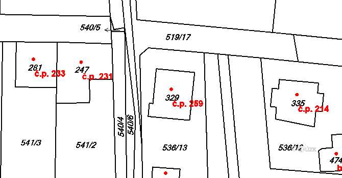 Tetín 259 na parcele st. 329 v KÚ Tetín u Berouna, Katastrální mapa