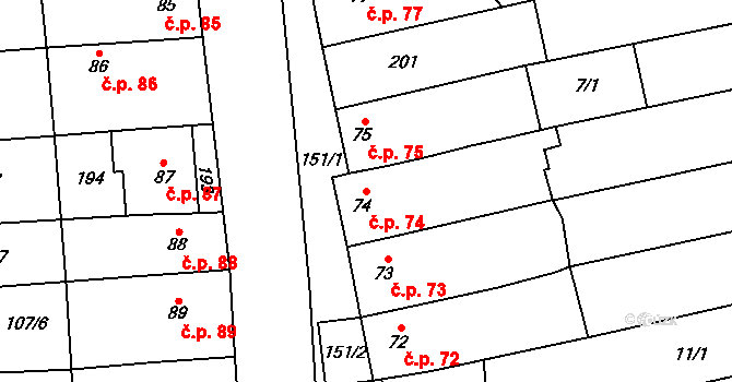 Lípy 74, Slatinice na parcele st. 74 v KÚ Lípy, Katastrální mapa