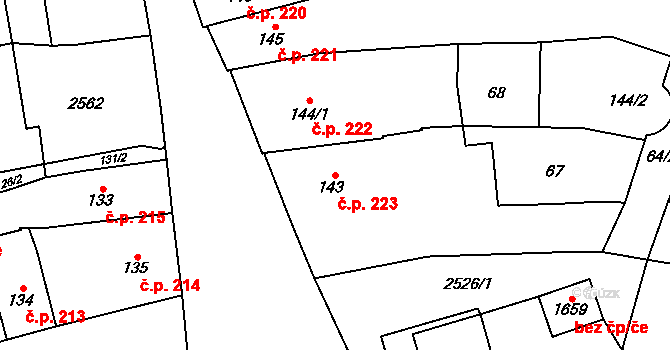 Uničov 223 na parcele st. 143 v KÚ Uničov, Katastrální mapa