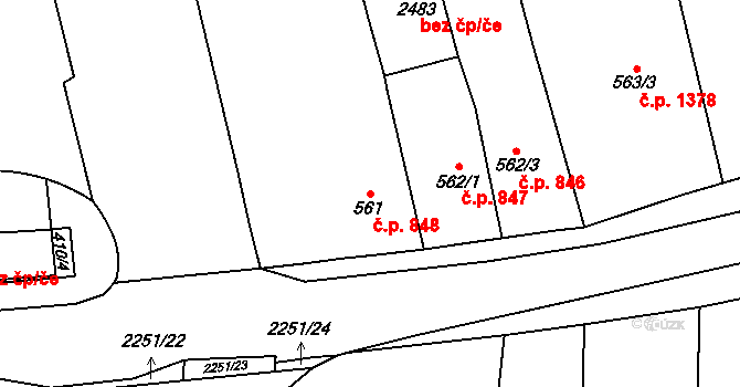Uničov 848 na parcele st. 561/1 v KÚ Uničov, Katastrální mapa
