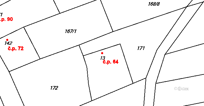 Vrbice 64 na parcele st. 13 v KÚ Vrbice u Poděbrad, Katastrální mapa