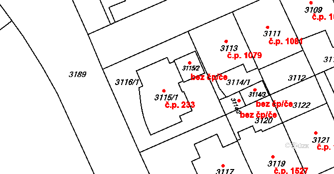 Černá Pole 233, Brno na parcele st. 3115/1 v KÚ Černá Pole, Katastrální mapa