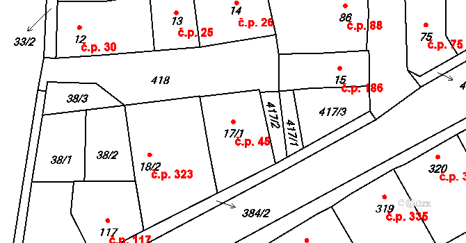 Černčice 45 na parcele st. 17/1 v KÚ Černčice u Loun, Katastrální mapa