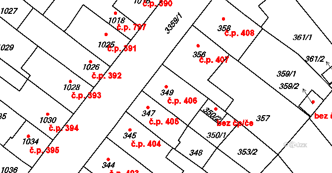 Pelhřimov 406 na parcele st. 349 v KÚ Pelhřimov, Katastrální mapa