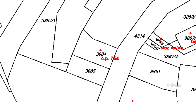 Teplice 754 na parcele st. 3884 v KÚ Teplice, Katastrální mapa