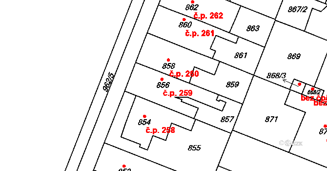 Satalice 259, Praha na parcele st. 856 v KÚ Satalice, Katastrální mapa