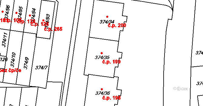 Motol 199, Praha na parcele st. 374/35 v KÚ Motol, Katastrální mapa