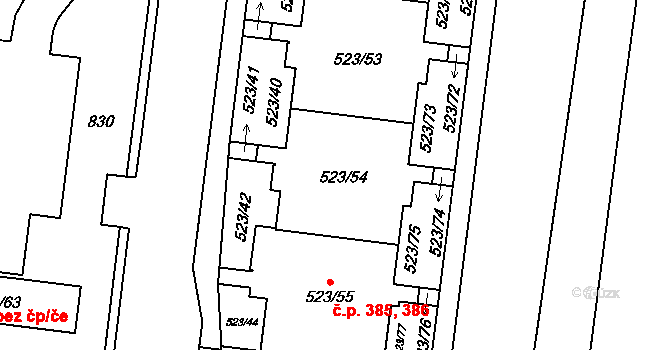 Horní Měcholupy 385,386, Praha na parcele st. 523/54 v KÚ Horní Měcholupy, Katastrální mapa